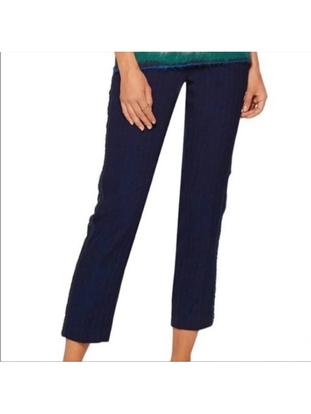 La Ligne Pinstriped Wool Blend Fringe Side Ankle Trousers